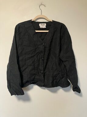 Flax Black Linen V-Neck Button Jacket